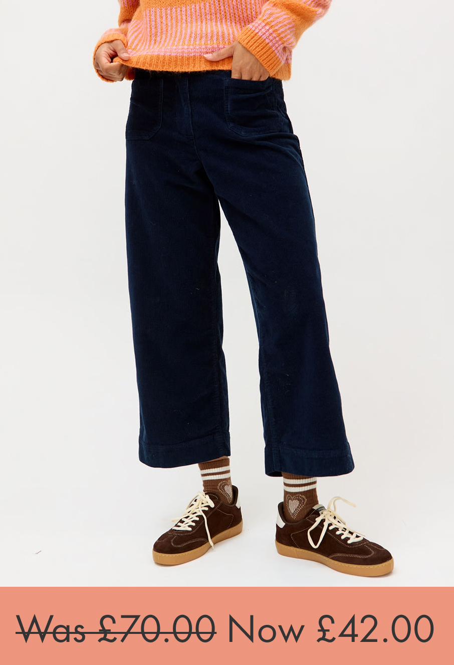 Navy Blue Corduroy Cropped Wide Leg Trousers